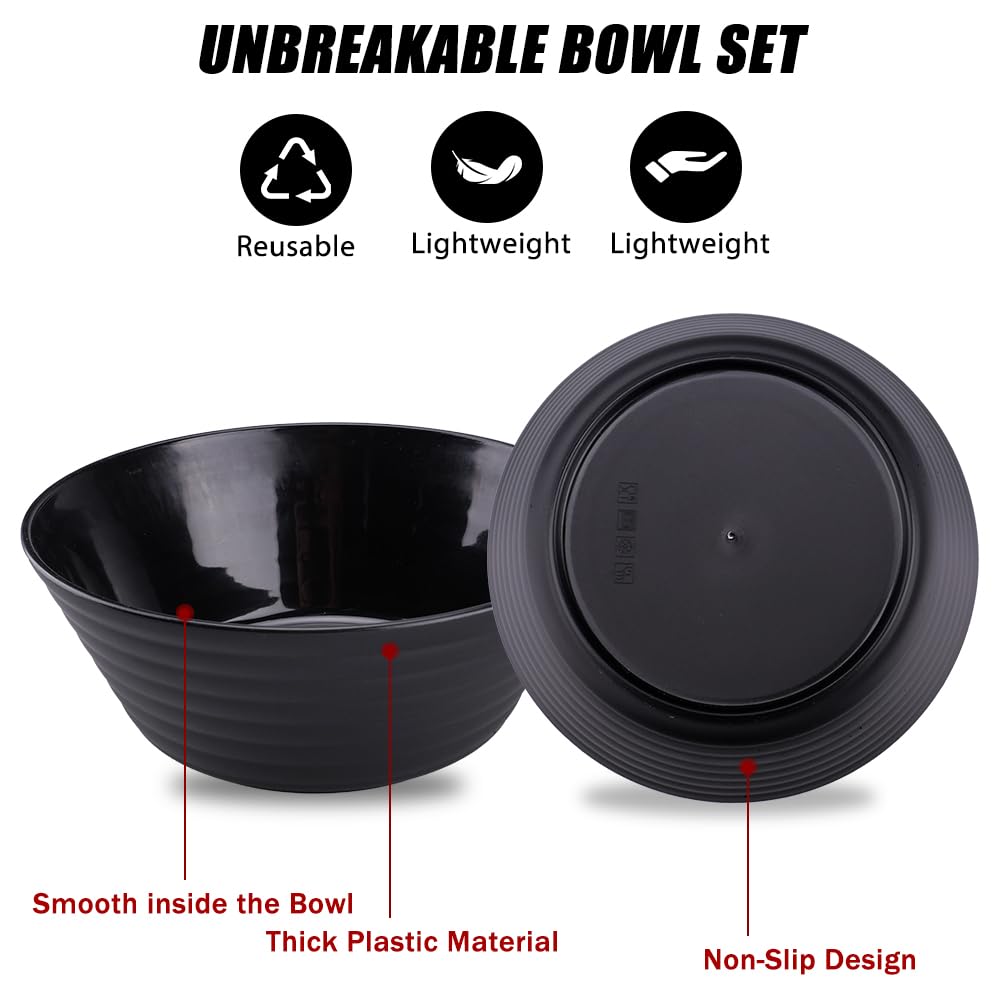 Set di 6 Ciotole 17.5cm Ciotola di Plastica Nera Riutilizzabile Ciotole Colazione Grande per Contenere Cereali, Insalate, Pasta e Picnic, Adatto al Microonde e alla lavastoviglie 800 ml