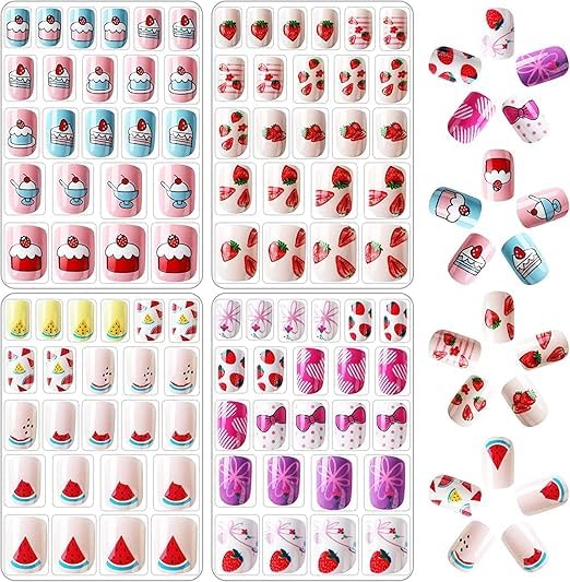 FICTIOUS 96 Pcs Fake Nails for Kids Girls – Pre-Glued Full Cover Press-On Nails Set, Short Multicolor & Multi-Design False Nail Tips Kit for Children, Easy to Apply Nail Art Stick-Ons for Girls-image-33