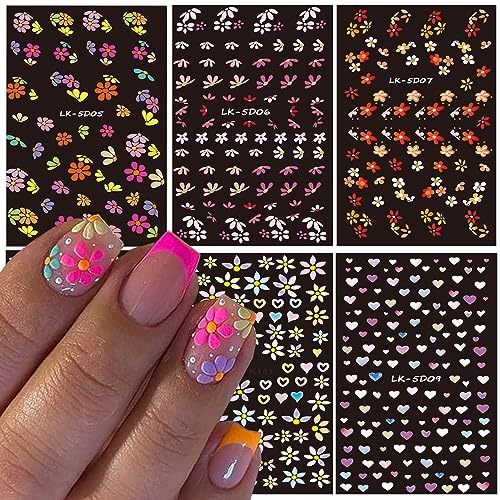 Flower Nail Art Sticker Decals 5D Embossed Colorful Daisy Design Nail Decals Self-Adhesive Nail Art Supplies White Yellow Heart Nail Art Sticker Decoration for Women Manicure Accessories Supplies