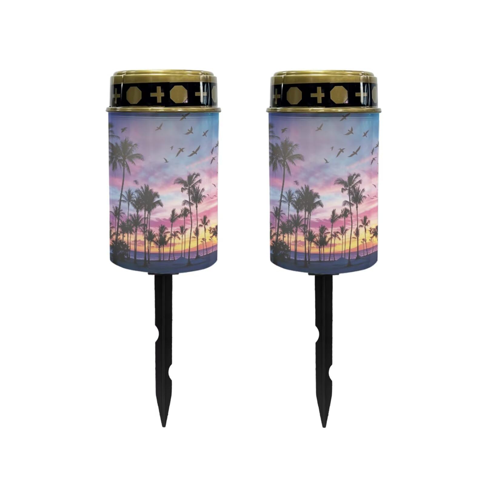 Poceacles Solar Lights Outdoor Solar Powered Outdoor Cemetery Stake Candle Grave Lamp Landscape Lighting Waterproof Grave Flameless Candle, Palm Tree Beach Sunset Pattern Violet Blue, Pack of 2