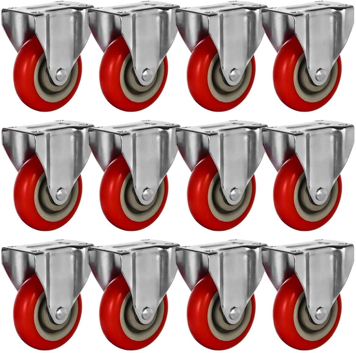 12 Pack 4 Caster Wheels On Red Polyurethane Wheels Top Plate Non Swivel Rigid Fixed Stationery