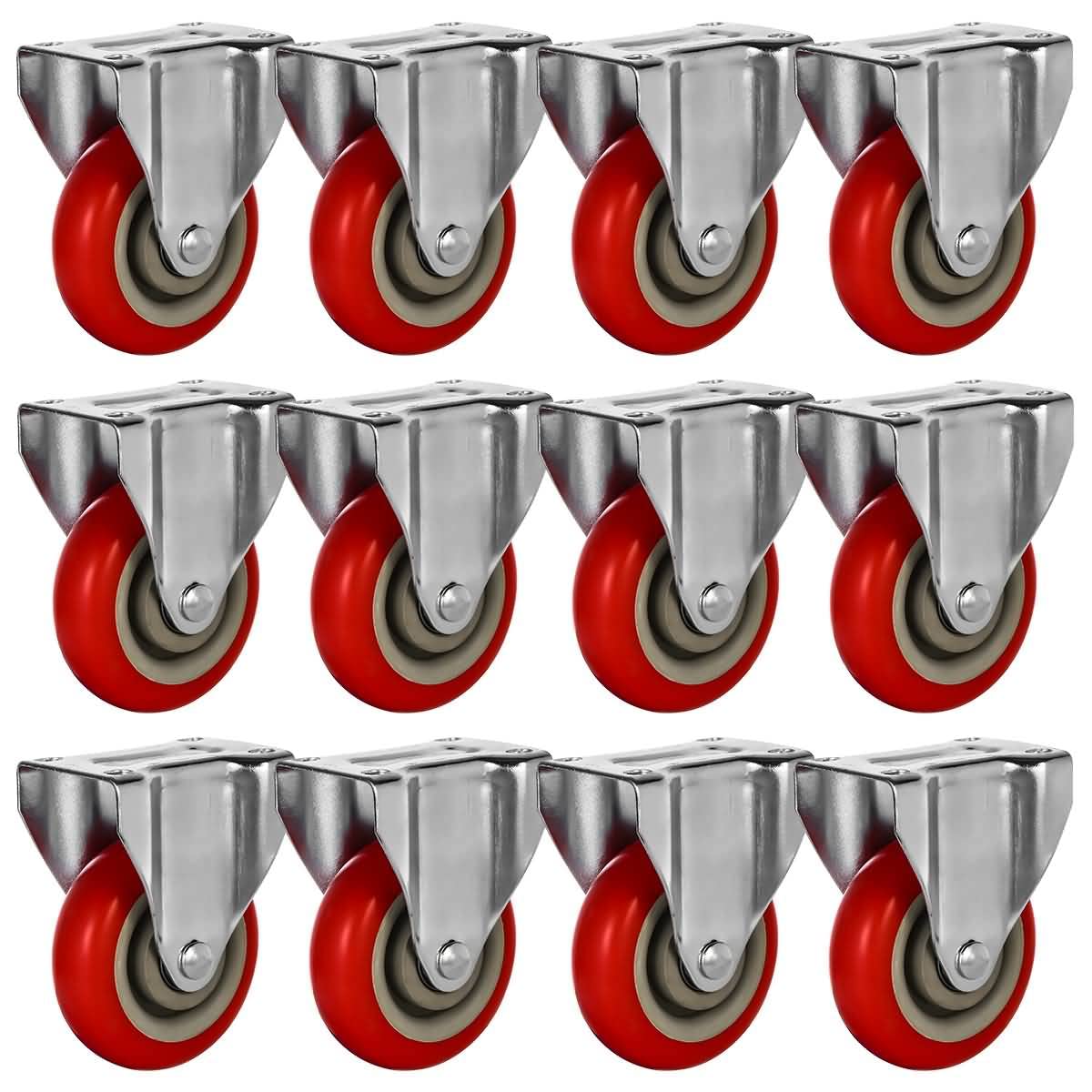 12 Pack 4" Caster Wheels On Red Polyurethane Wheels Top Plate Non Swivel Rigid Fixed Stationery