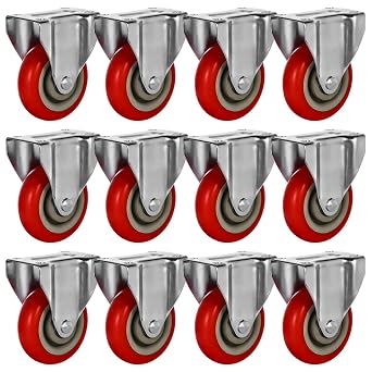 12 Pack 4" Rigid Fixed Caster Wheels Red Polyurethane Wheels Plate Non Swivel Stationery