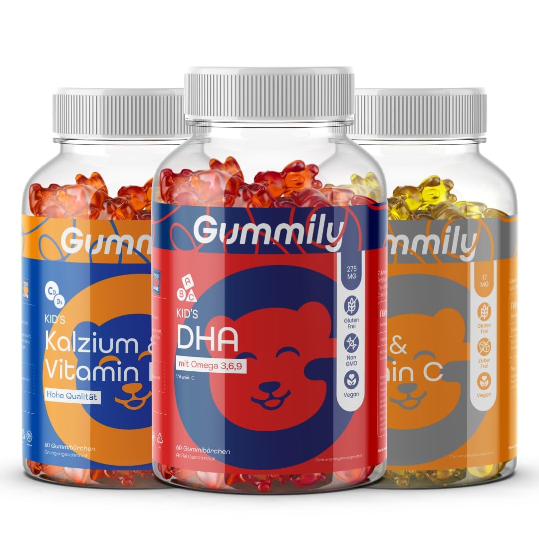 Kinder Omega 3 + DHA, Eisen + Vitamin C, Kalzium D3 Gummibärchen