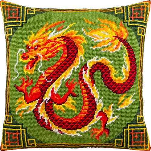 Chinese Dragon. Embroidery Kit. Throw Pillow 16×16 Inches. Printed Tapestry Canvas, European Quality