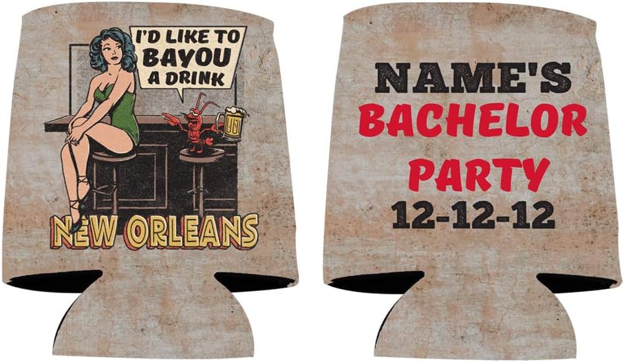 Custom Bachelor Party Can Coolers – “I’d Like to Bayou a Drink” – New Orleans Themed Drink Sleeves with 2 Text Inputs – Set of 12 by VictoryStore