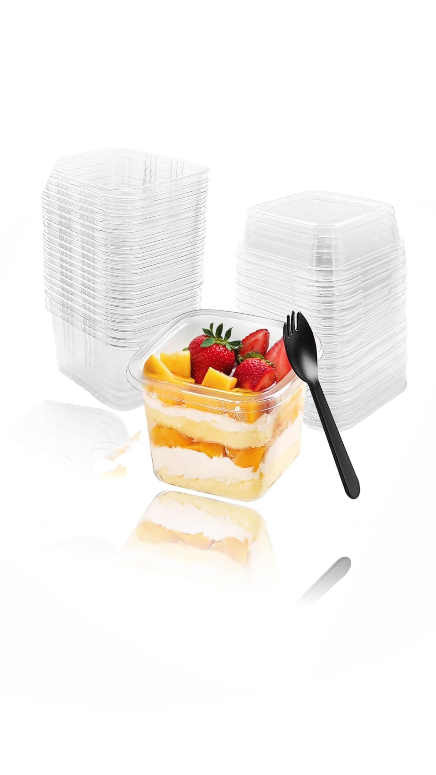 Sweet seven 50-pack 12 oz Square Plastic Dessert Cups with Lids and Spoons - Disposable Cake Containers for Cupcakes, Puddings, Snacks, Fruits, Mousse, Ice Cream