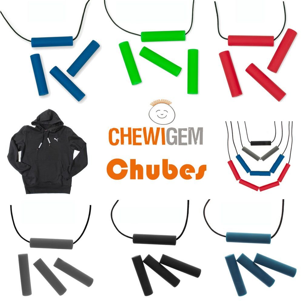 Chewigem Chubes - Collar masticable y ayuda para la estimulación | Suave, resistente, discreto | Ideal para cuerdas de sudadera o como collar | 3 repuestos | Diseñado para reducir la ansiedad y mejorar la concentración | Ideal para niños, adultos, autismo
