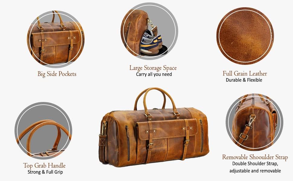 KomalC 24 Inch Leather Duffle Bags for Men and Women Travel Overnight Weekend Bag Sports Gym Duffel for Men (Tan with Shoe pocket) - Image 3