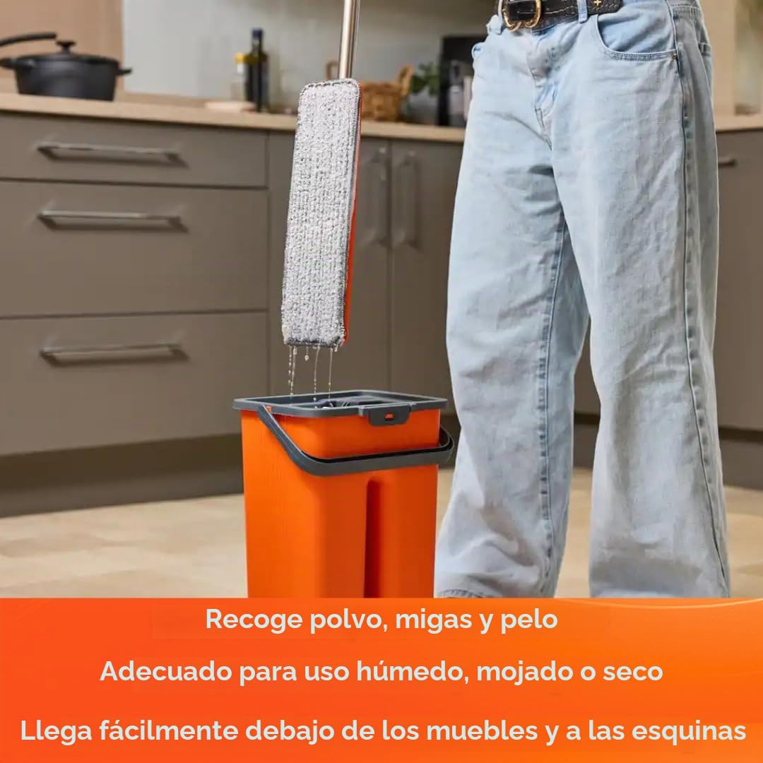 Macromax Aqua Revolution - Juego de fregona Plana y Cubo, con Capacidad de 8 litros, Limpieza en húmedo y seco, Cabezales de fregona de Microfibra Lavables y reemplazos, Mango Giratorio de 180°, mopa