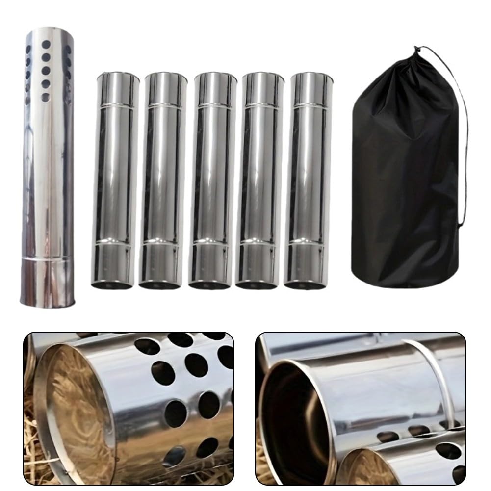 FACAIIO Outdoor Camping Stove Chimney Extension Set, 5x 30cm Stainless Steel Pipes with Spark Arrestor, 6cm Dia Flue Kit for Tent Wood Burning Stoves