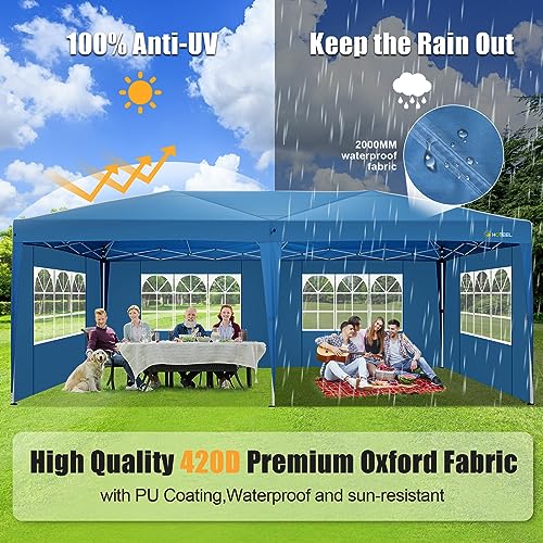 Image of HOTEEL 10x20 Pop Up Canopy Tents for Parties, Outdoor Tent with 6 Sidewalls & 8 Wind-Resistant Rods & Carry Bag, Easy Setup for Wedding, Patio Events, Commercial, Waterproof and UV50+ Protection, Blue