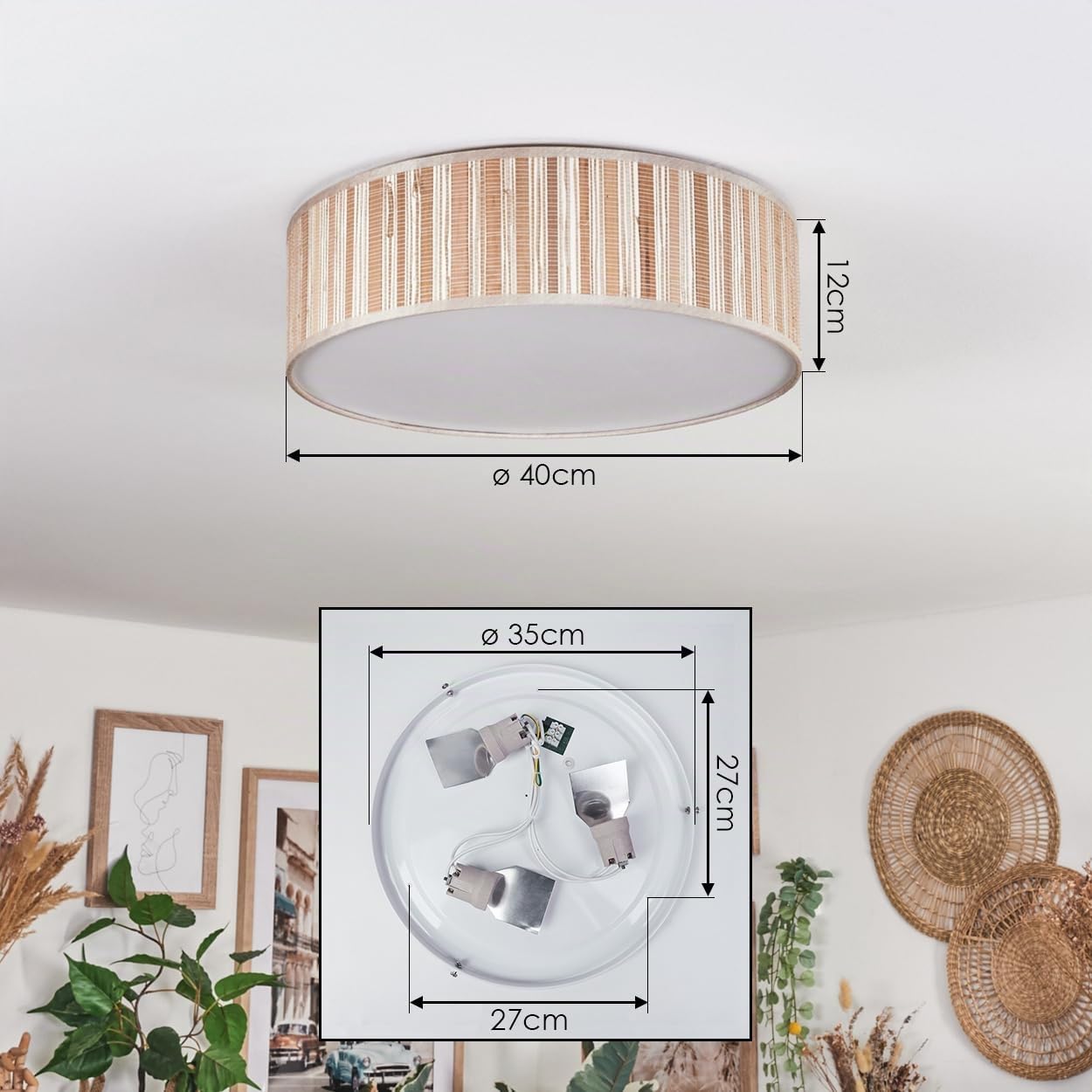 HOFSTEIN Deckenleuchte Antillo, Deckenlampe aus Metall/Binsenstroh/Kunststoff in Weiß/Natur/Braun, runde Leuchte im modernen Boho-Design (Ø 40 cm), E27, Esszimmer, Wohnzimmer, Schlafzimmer, Küche