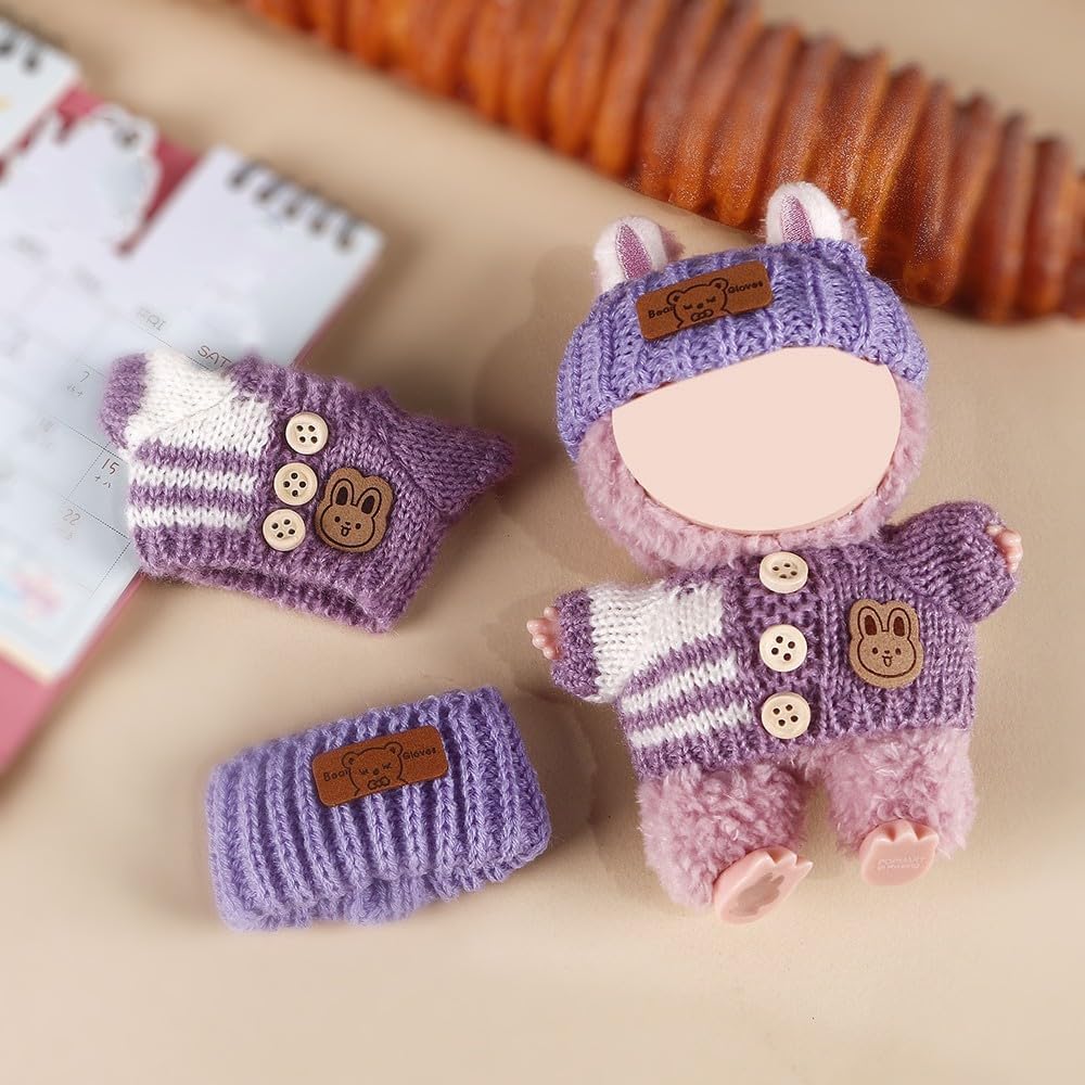 Compatible with Labubu (NO Doll) - Purple Knit Set (Hat + Sweater + Pants) with Bunny Patch, 15cm/17cm Doll Clothing (Purple, No Bag)