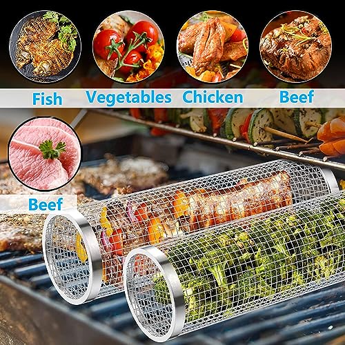 JIUBAR Rolling Grill Baskets for Outdoor Grilling - Round Grilling Accessories BBQ Large Vegetable Grill Cage Cylinder Stainless Steel Camping Grill for Meat Vegetables Shrimp