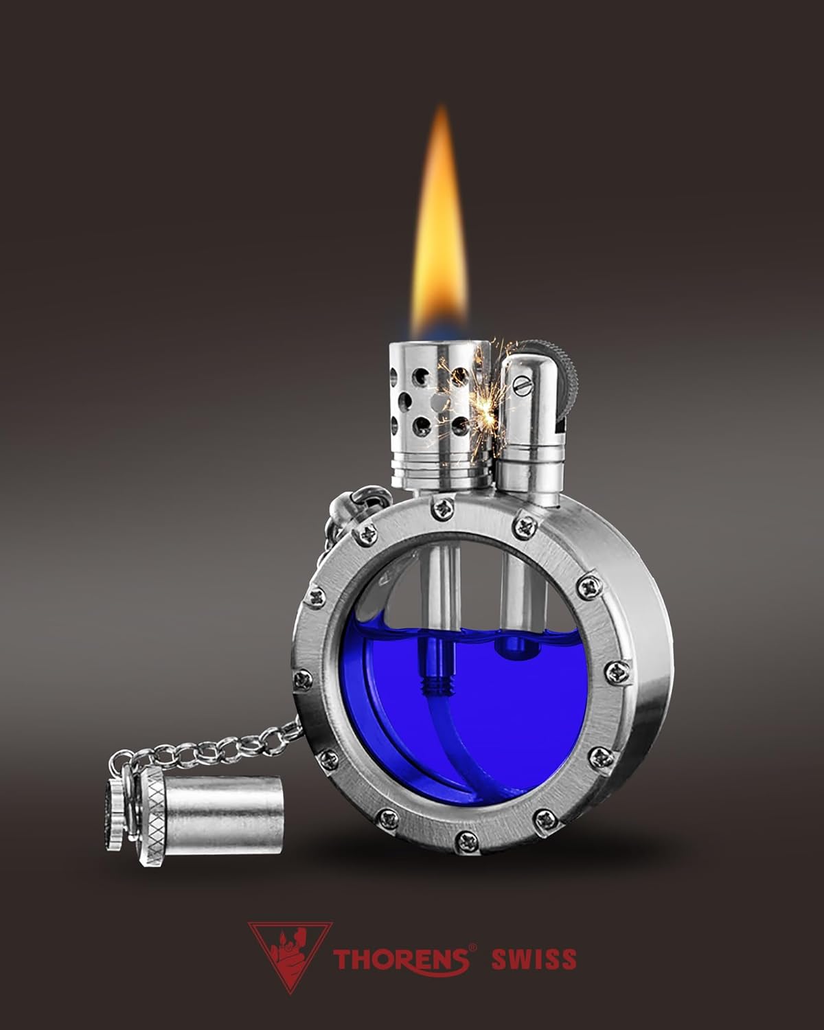 Unique Classic Windproof Kerosene Brass Lighter,Refillable Silver Lighters,Outdoor Camping,Transparent,Flint Wheel, Collectible,Men's Gift,Thorens Round Pocket Watch Lighter