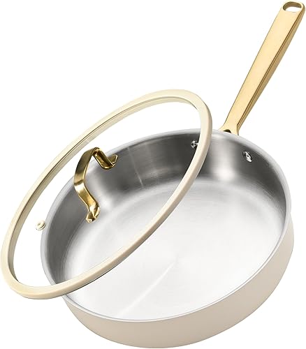 CAROTE - Sartén de acero inoxidable de 10 pulgadas con tapa, capa exterior de cerámica, no tóxica, calefacción uniforme, apta para horno, inducción,