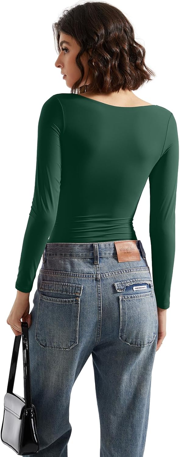 SUUKSESS Women Double Lined Fitted Basic T Shirts Scoop Neck Long Sleeve Crop Top - Image 3