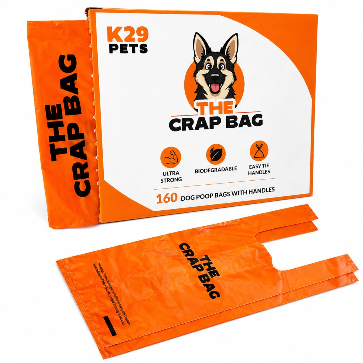 K29 Pets Orange Dog Poo Bags With Easy-Tie Handles | Ultra Strong, Biodegradable, Leak-Proof Poop Bags | Large Pet Waste Bags For All Dogs | 160 Count