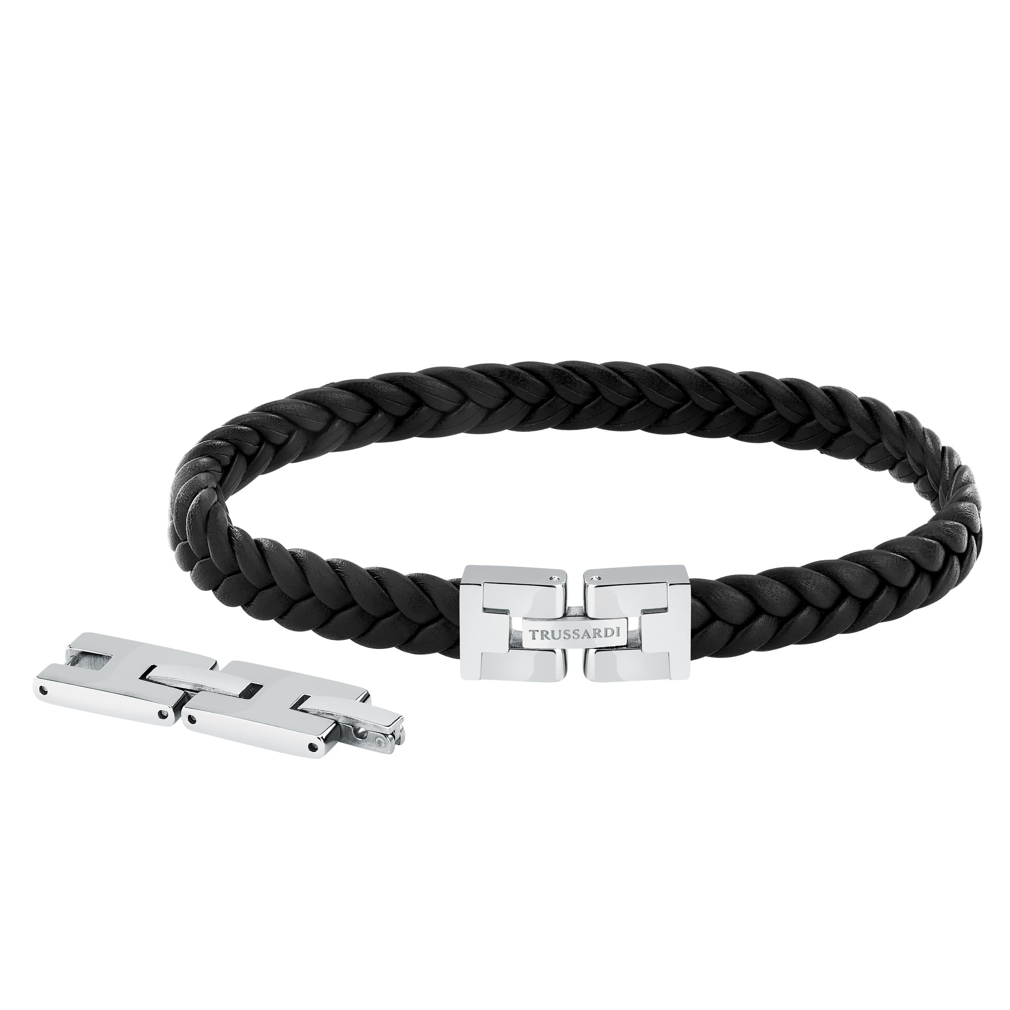 TRUSSARDI Bracciale Uomo in Acciaio, Pelle naturale Intrecciata, Collezione T-LEATHER