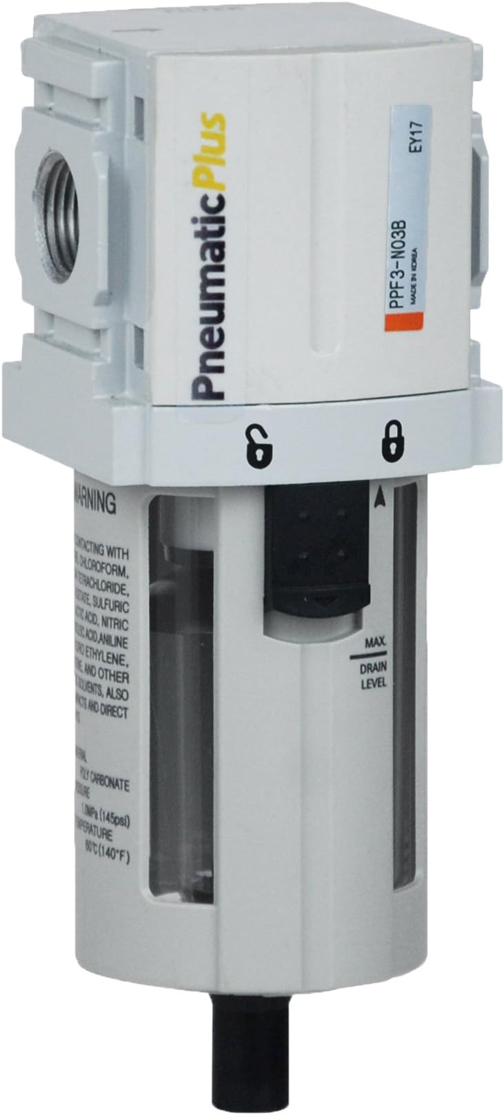 PneumaticPlus PPF3-N02B Compressed Air Particulate Filter, 1/4" NPT (High Flow), 5 Micron, Poly Bowl, Manual Drain, Bracket