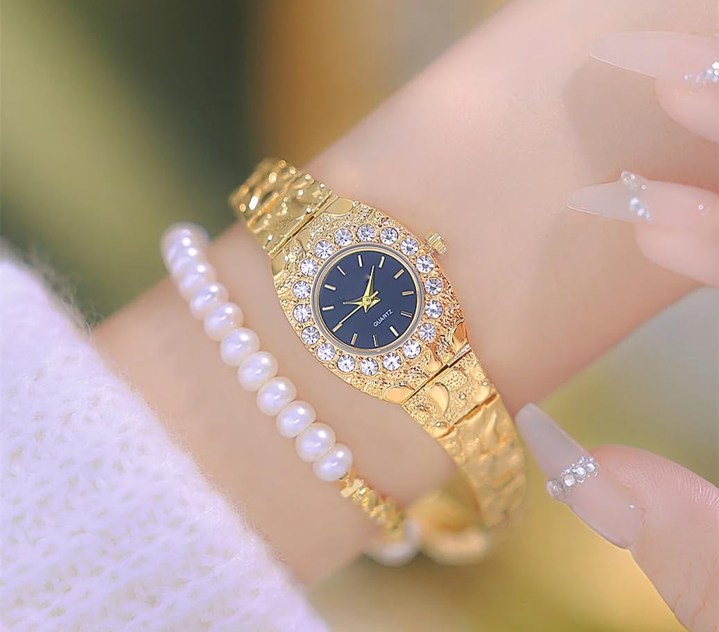 BESTKANG Reloj dorado de lujo para mujer, reloj de pulsera de diamantes de imitación con bisel de diamantes de imitación, reloj analógico de cuarzo, regalo elegante para ella