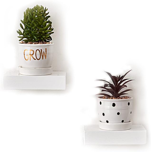 INMAN Small Oak Floating Shelves 2PC Wooden Mini Wall Mounted Shelf for Decor Plant, Little White Display Shelf for Living Room Bedroom Bathroom