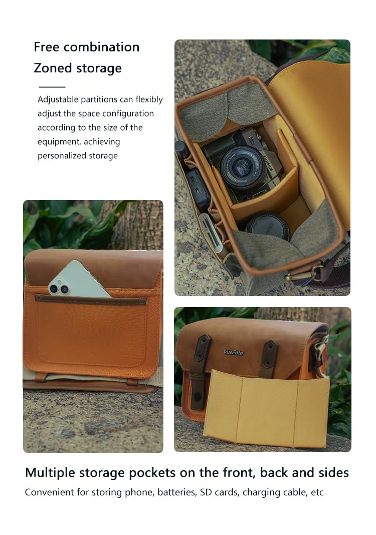Bolsa de mensajero para cámara, de cuero vintage, con tapa superior, compatible con cámaras Canon, Nikon, Sony SLR/DSLR sin espejo para mujeres y hombres, funda de cuero caqui (naranja