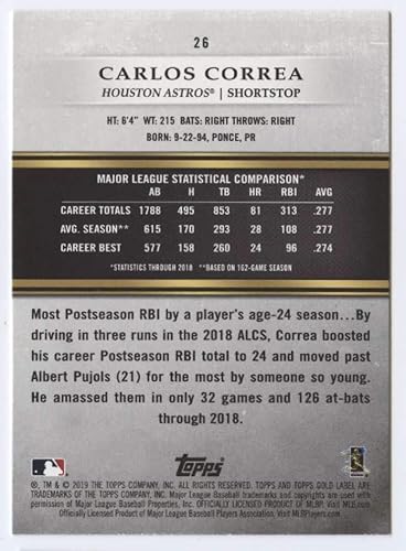 Miniatura 2 de 2019 Topps Gold Label Class One #26 Carlos Correa NM-MT Houston Astros Baseball Trading Card