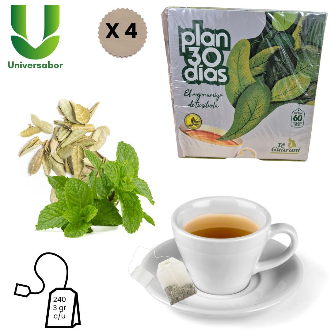 Opakowanie zawierające 4 sztuki, 30 dni herbaty Guaraní | 60 woreczków w pudełku | naturalny napar | Detox i dobre samopoczucie