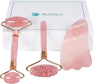 4-in-1 Pink Jade Roller and Gua Sha Set. Rose Quartz Roller with Eye Massager, Jade Gua Sha, Ridged Roller Massager. Jade Roller For Face Real Jade 100% Jade Stone Roller. Warm Facial Massager or Ice Roller
