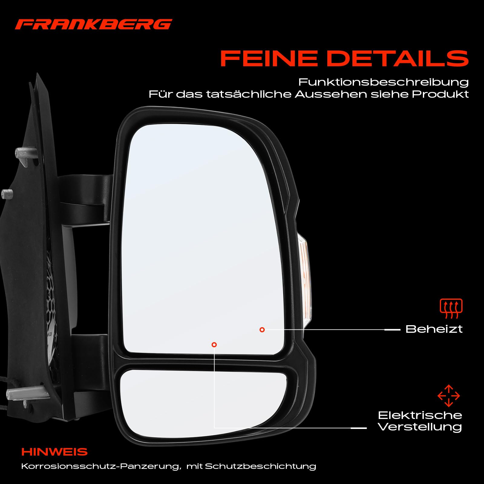Frankberg Espejo retrovisor exterior derecho convexo calefactable. | a mano, Plegable; Compatible con: Autobús Jumper, Ducato Van 250, Caja de puente, Plataforma/chasis Boxer
