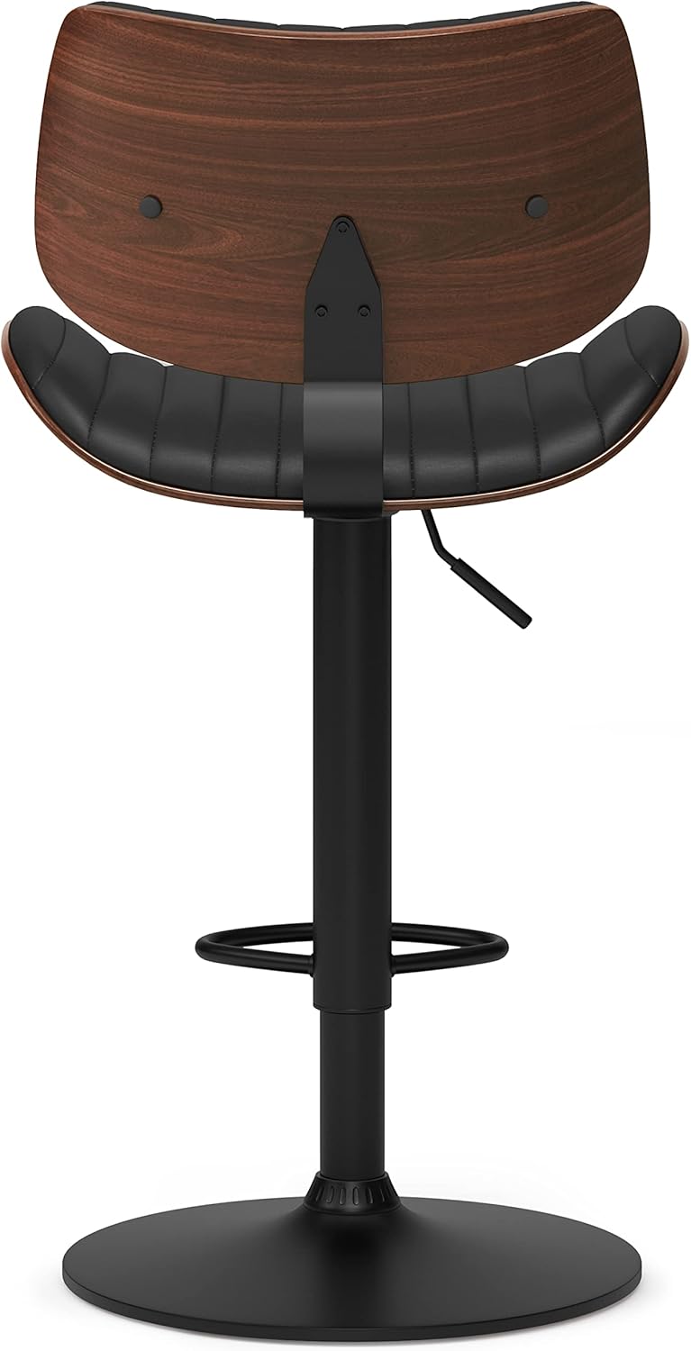SIMPLIHOME Novak Adjustable Swivel Bar Stool - 33 inch Seat Height Upholstered Metal Chair in Black Vegan Faux Leather, Mid Century Seating for Kitchen or Bar with Curved Bentwood Back