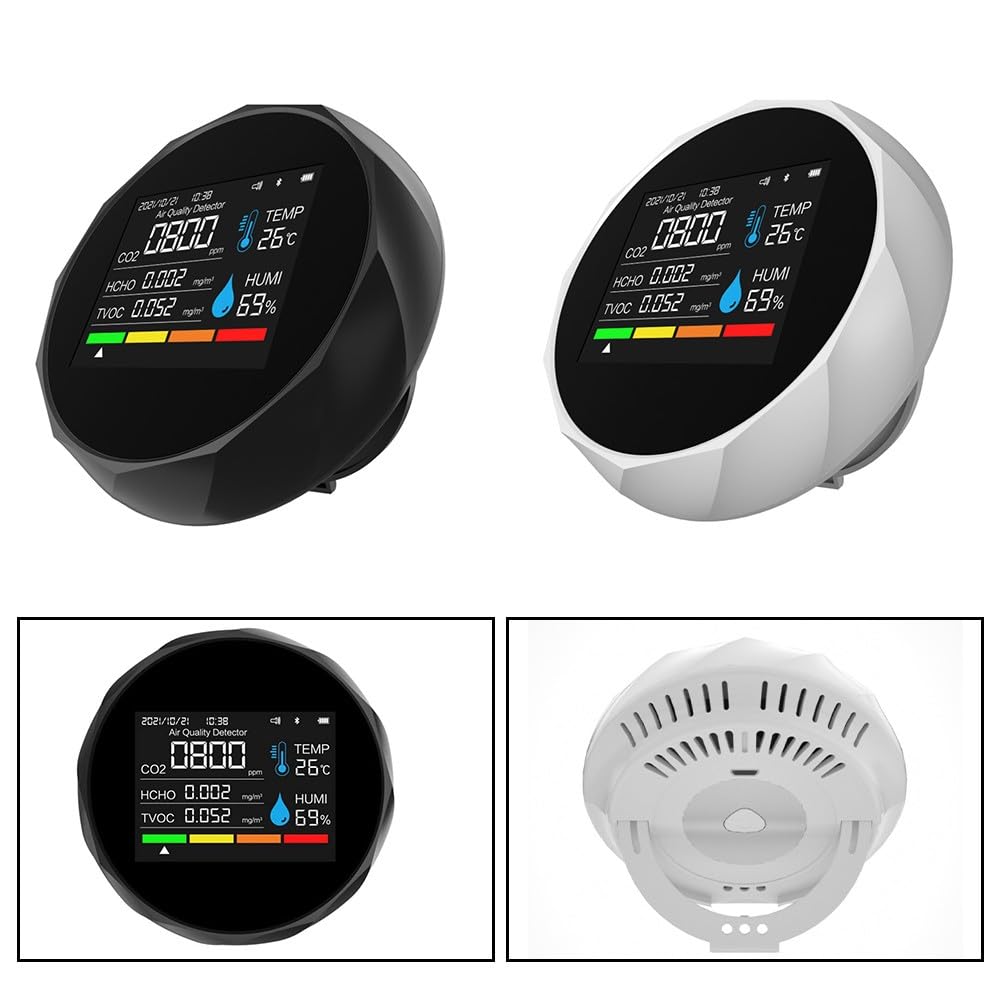 Détecteur de dioxyde de carbone 6 en 1 Moniteur de qualité de l'air avec mesure de la température et de l'humidité TVOC, connectivité smartphone, alertes de couleur et alarme sonore, noir ou