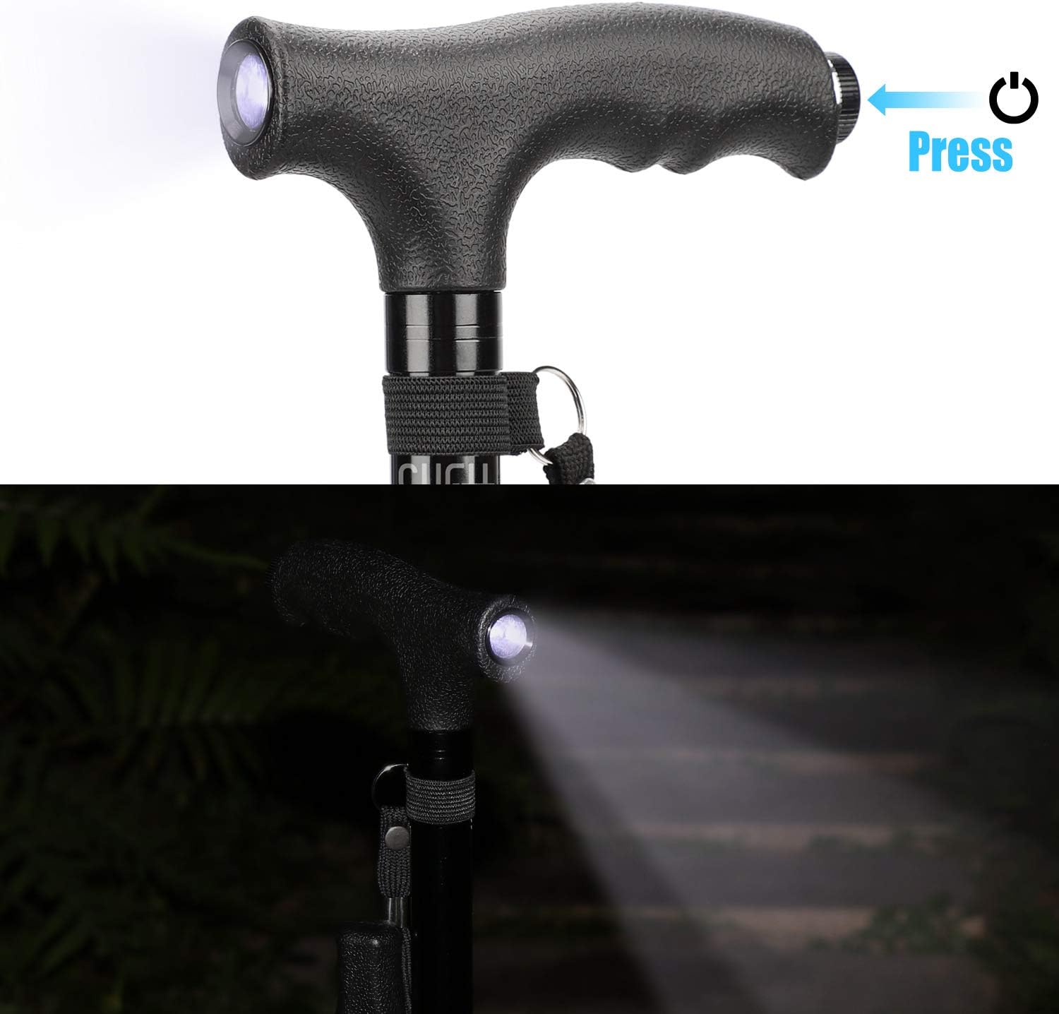 Free Shipping Offer SUEH DESIGN Foldable Walking Cane for Men and Women with LED Light and 11 Adjustable Heights | Collapsible and Portable Elderly Walking Stick with Folding Side Handle, Black