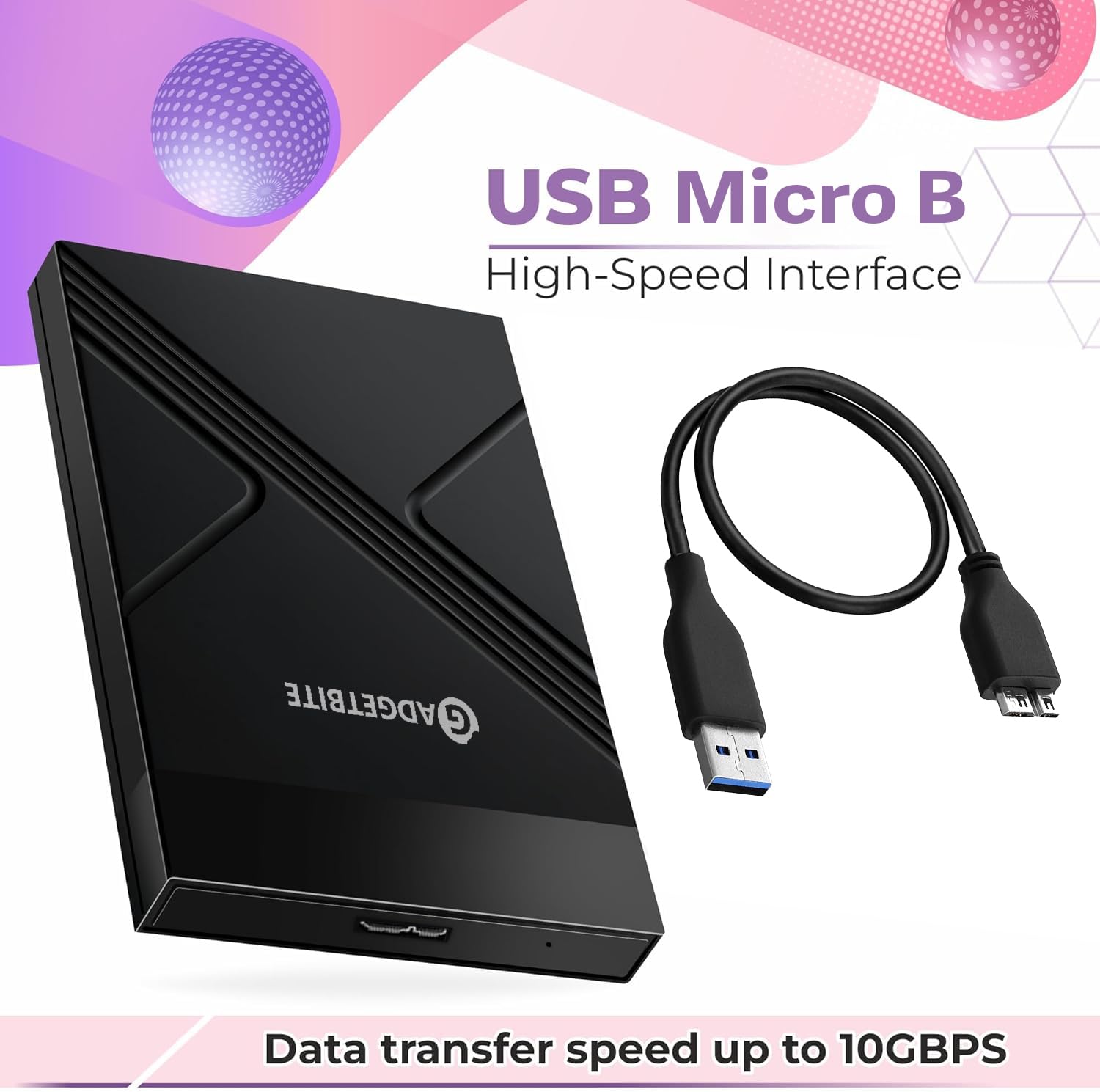 Gadgetbite Boîtier pour disque dur externe sans outils avec vitesse de transfert rapide jusqu'à 5 Gbit/s et capacité de stockage jusqu'à 4 To avec SSD/HDD 2,5 SATA (noir, USB vers Sata)