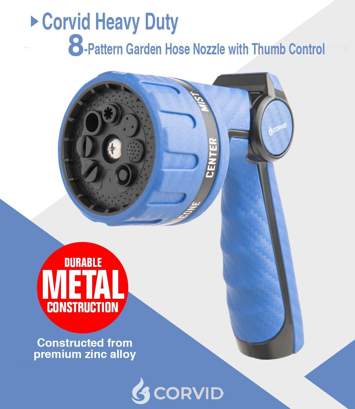 2-Pack Corvid Heavy Duty 8-Pattern Garden Hose Nozzle with Thumb Control, Adjustable High-Pressure Watering Spray Nozzle with Ergonomic Handle - Perfect for Lawn & Garden, Car Wash, Pet Cleaning