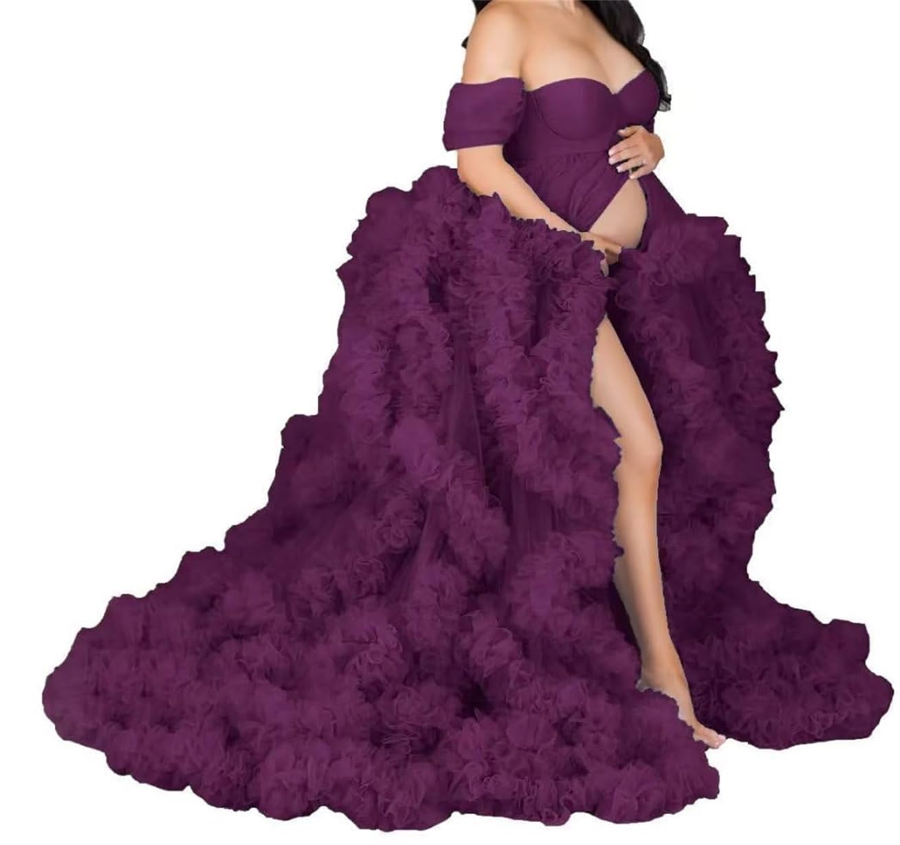 AHERKLL Women's Long Bridal Robes Tulle Lingerie Maternity Bathrobe Photoshoot Illusion Wedding Scarf Party Nightgown ZM004 Plum UK20