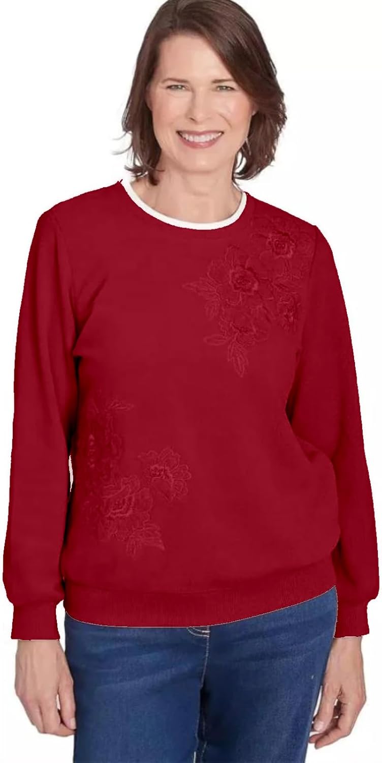 Alfred Dunner Women's Classic Sherpa Floral Embroidered Sweater