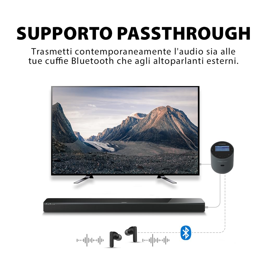 Avantree Orbit Pro - Trasmettitore e Ricevitore Audio Bluetooth TV, Adattatore 5.1 Surround PassThrough, Telecomando per Volume, Nessun Ritardo Labiale, Schermo LCD Lungo Raggio Classe 1