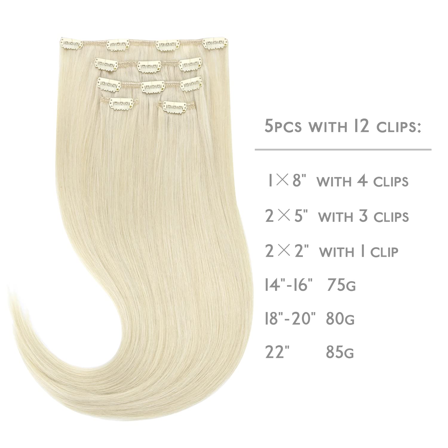 WENNALIFE Przedłużenia z naturalnych włosów z klipsem, włosy ludzkie Remy, 35 cm, 75 g, 5 szt., platynowy blond