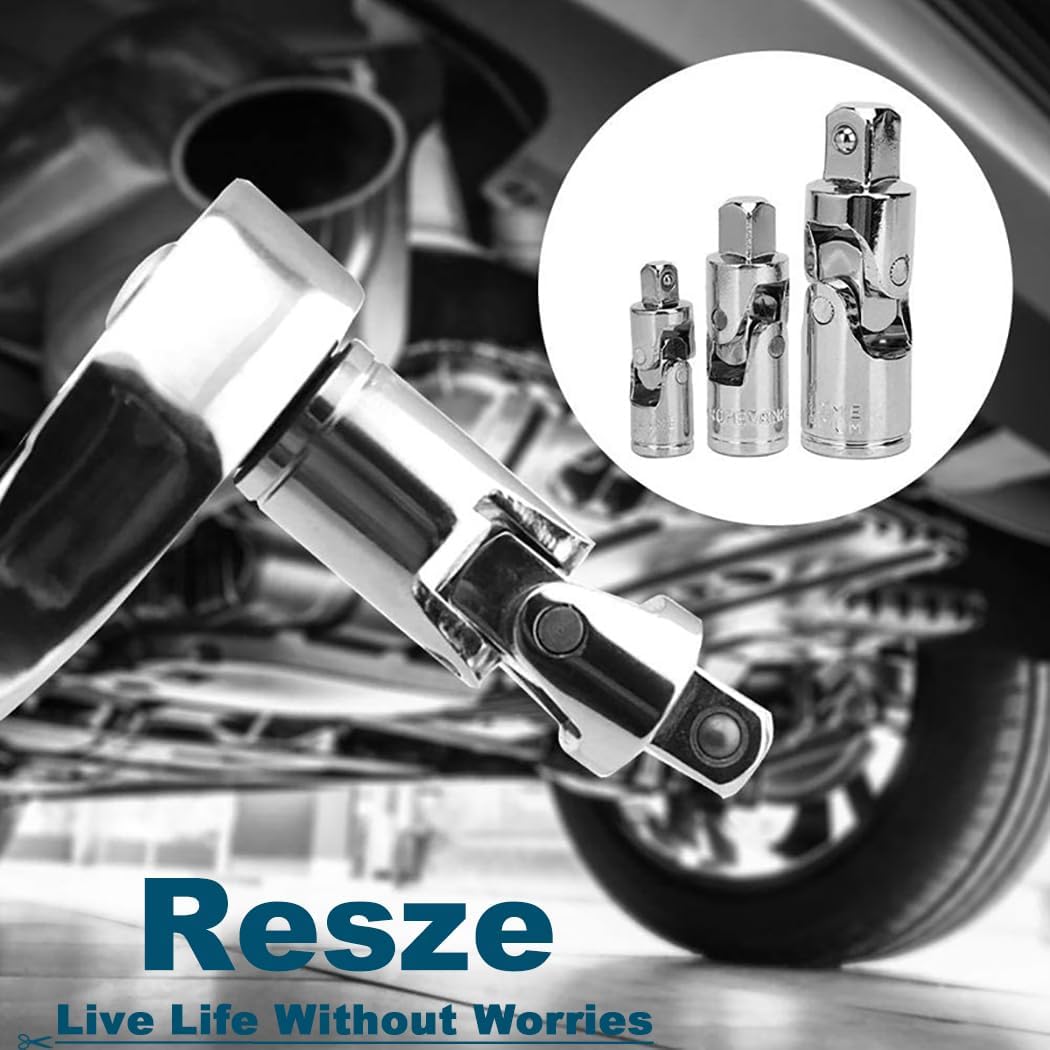 Resze 3PCS Swivel Socket Set (1/4", 3/8", 1/2"), 360° Rotating Chrome-Plated Steel Adapters for Wrenches, Automotive Repair & DIY, Universal Fit Anti-Slip Heavy-Duty Mechanics Tool Kit