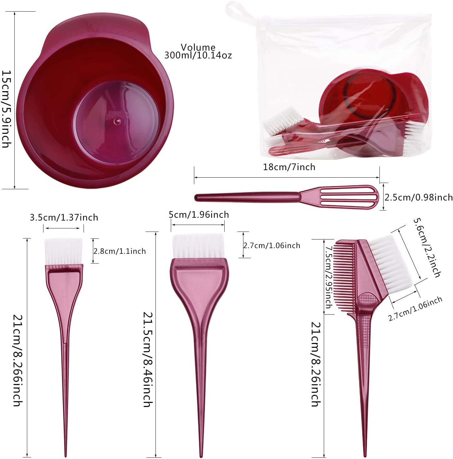 Hair Dyeing Kit, DIY Hair Coloring Brush Set of 5,Hair Dye Combs and Mixing Bowl, Hair Color Applicator (Purplish Red) : Beauty & Personal Care