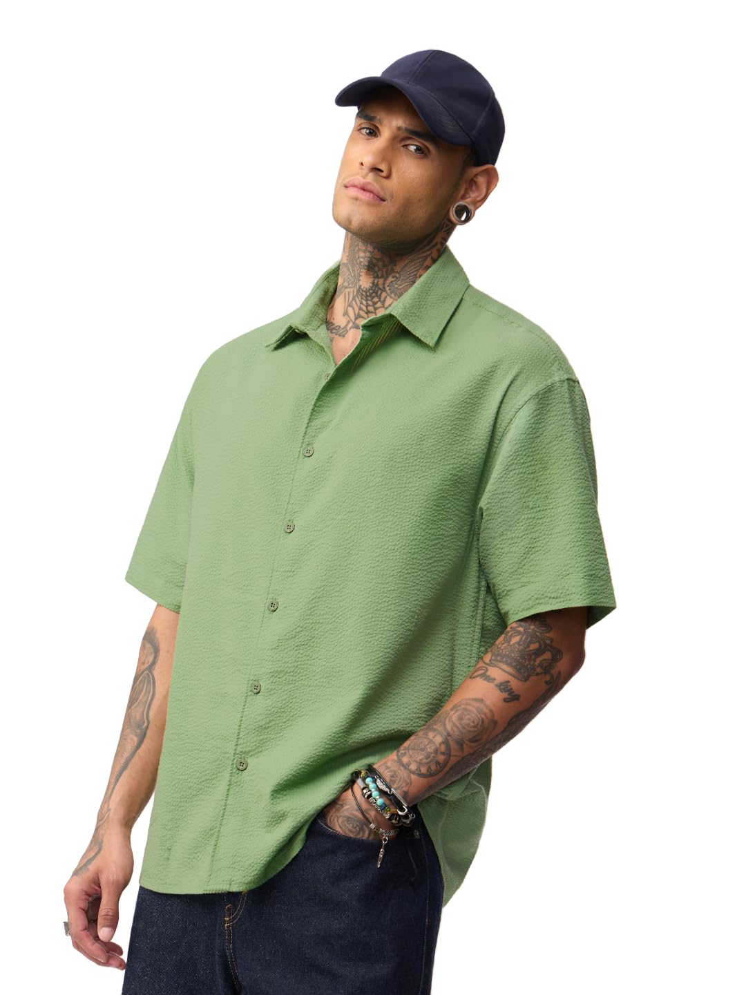 the souled store Textured Shirt: Matcha Men and Boys Short Sleeve Collared Green Solid Textured Cotton Blend Casual Lightweight Drop Shoulder Streetwear Trendy Oversized Shirt-picture-41