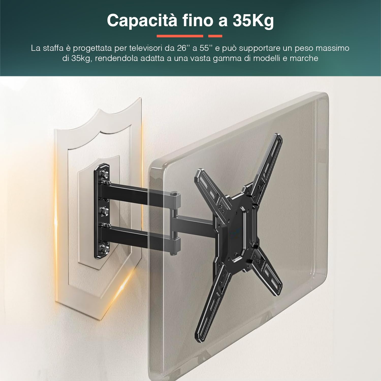 Supporto TV Full Motion per Televisori da 26''-55'' - Allungabile, Staffa TV da Parete Girevole e Inclinabile, Carico Max 35kg, Inclusi Livella, Viti e Tasselli, Nero