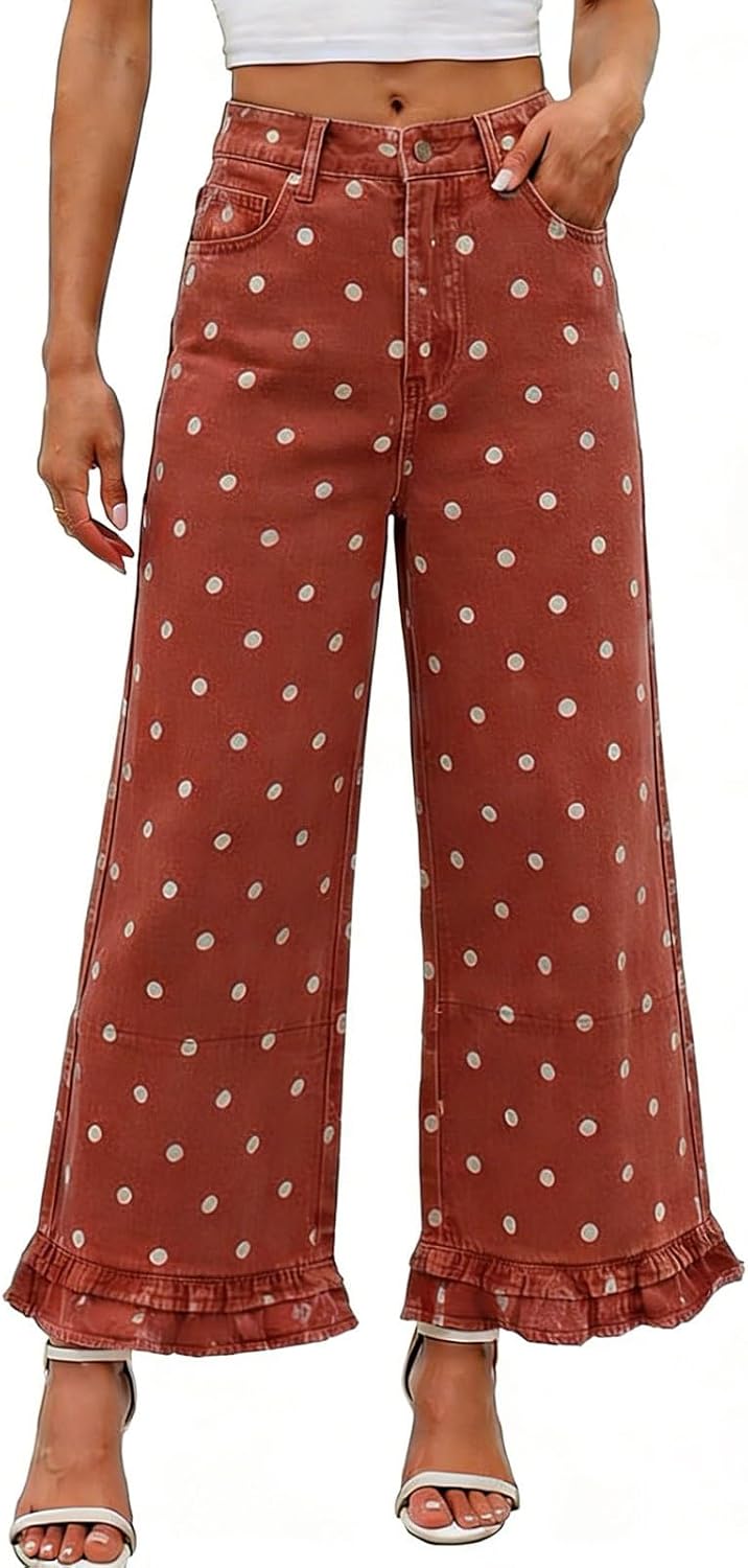 CHARTOU Ruffle Hem Bell Bottom Jeans for Women Polka Dot Ankle Baggy Jeans Crop Denim Wide Leg Pants