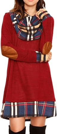 Alaster Queen Womens Cowl Neck Plaid Fall Winter Christmas Flannel Dress | Suede elbow patches, long sleeve, mini, also perfect for spring casual, office, party, holiday and thanksgiving outfits.