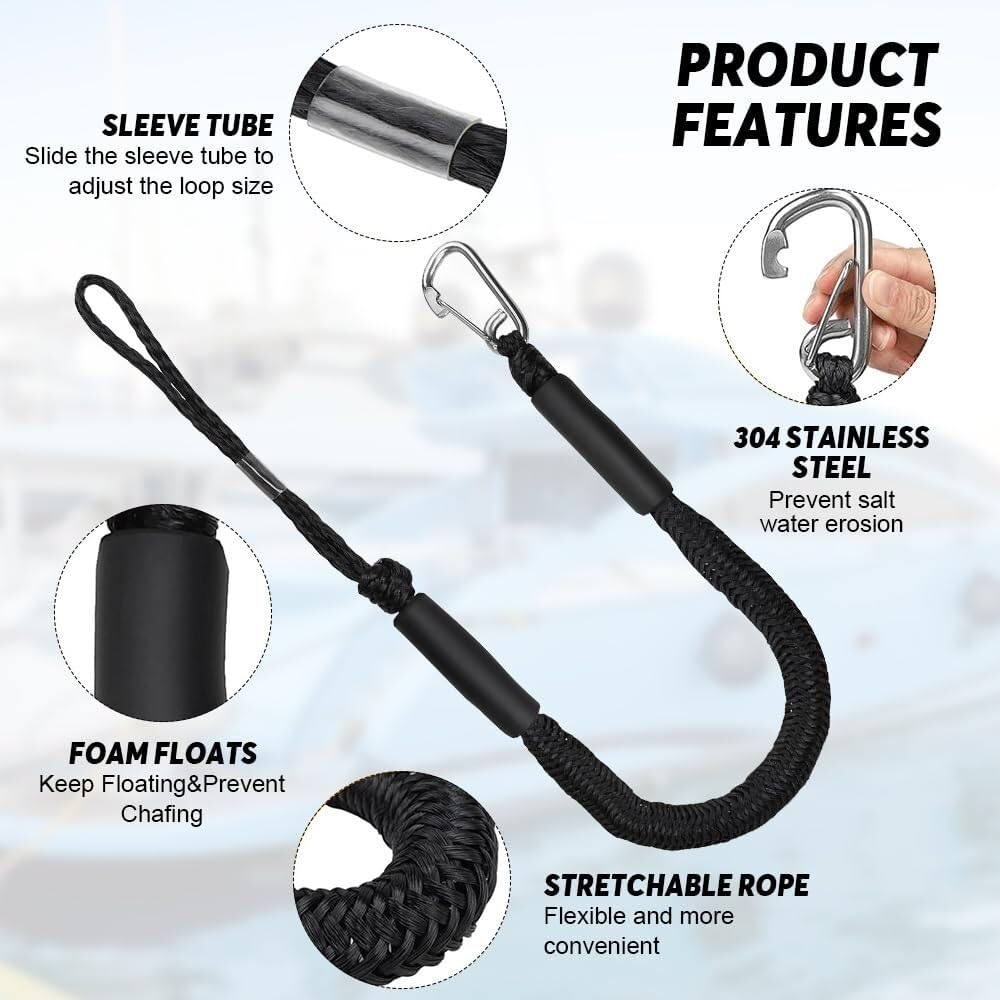 2x Cime d'ormeggio elastiche 4FT Nere con moschettone per barca kayak moto | Si estende da 4 a 5,5 piedi, capacità 1000 lb, resistente a UV/acqua salata/olio, moschettone in acciaio inox, galleggia.