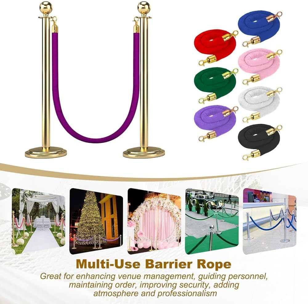 Purple Velvet Stanchion Rope Set of 2 - Barrier Queue Divider with Snap Hooks, 2ft Length, Ideal for Crowd Control and Event Management, Premium Quality Velvet Rope
