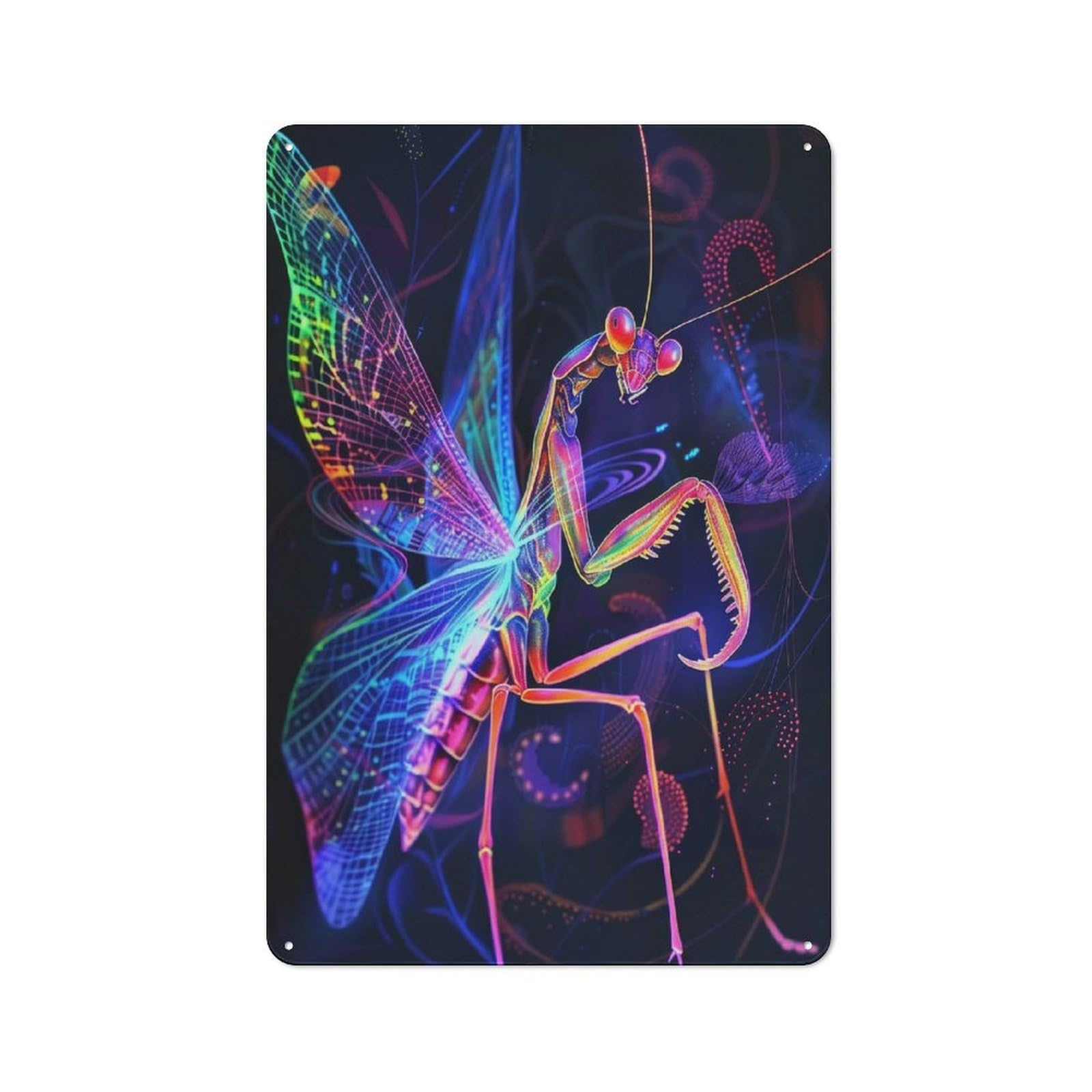 Junmoney Style-15 Loft Style Metal Wall Art Sign 30X20cm Featuring Neon Praying Mantis, Urban Room Decor For Loft, Studio, Office Or Creative Room